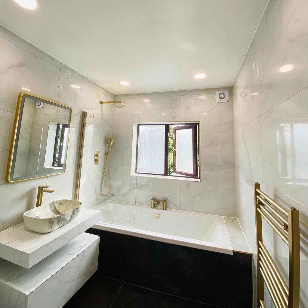 Marble bathroom with brushed gold brassware, stone basin and dark porcelain floor