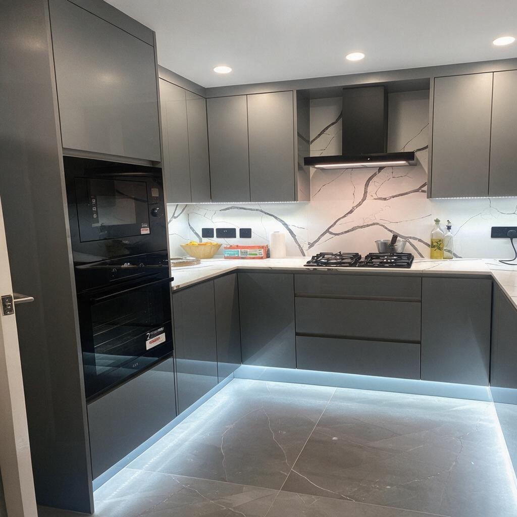Grey gloss kitchen with marble-effect splashback and LED floor lighting