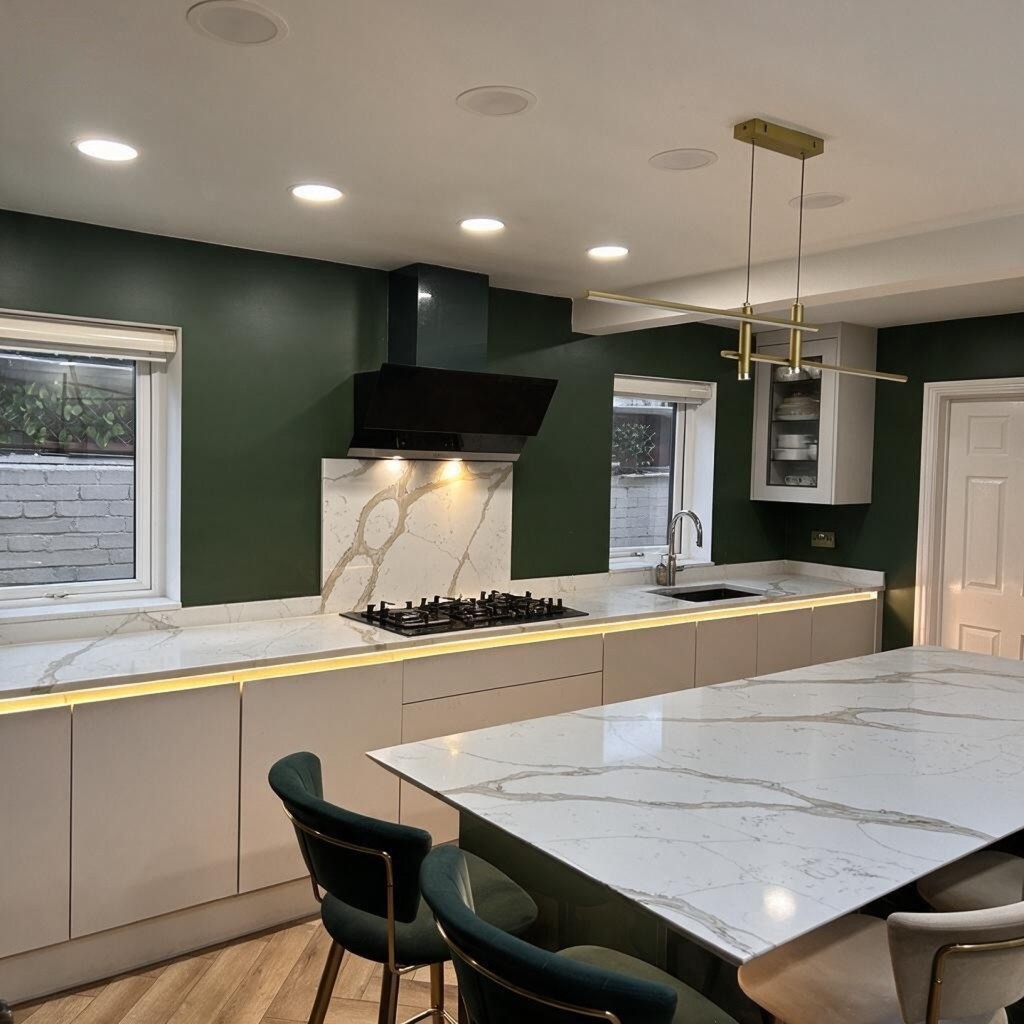 Green open-plan kitchen with quartz island and brass pendant lighting