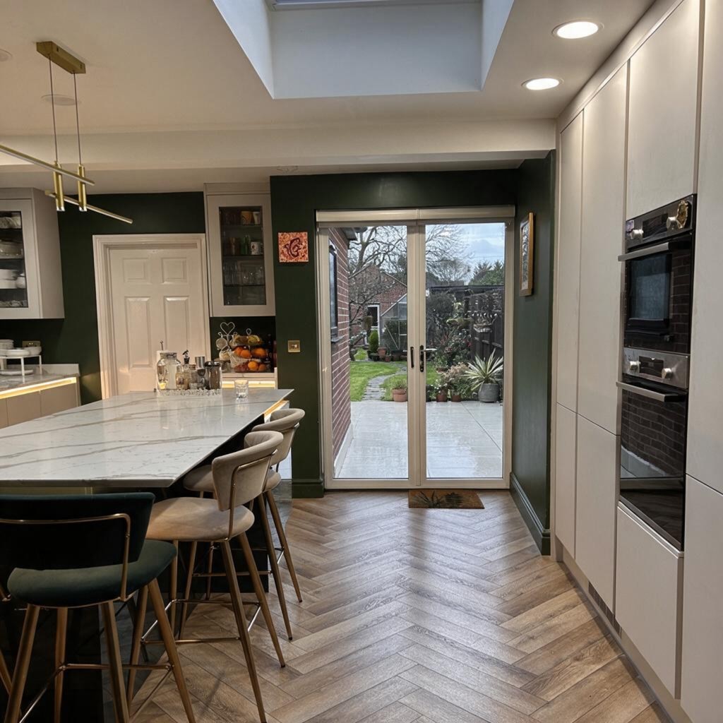 Kitchen with roof lantern, herringbone floor and dining island